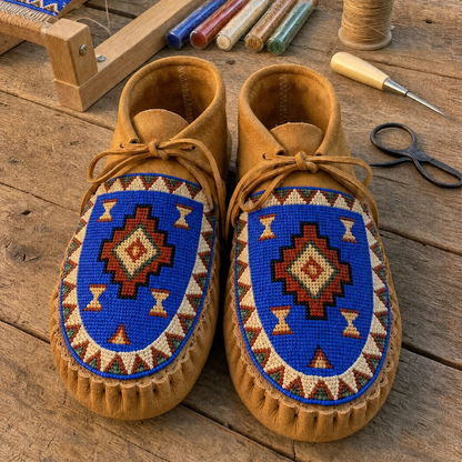 A pair of tan suede moccasin-style shoes with colorful geometric beadwork on the toes, displayed on a rustic wooden surface with crafting tools and thread spools nearby.