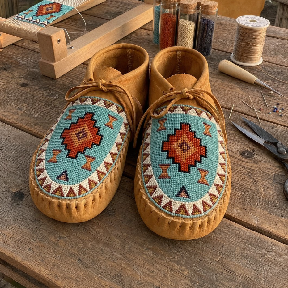 A pair of tan suede moccasin-style shoes with intricate geometric beadwork in turquoise, orange, red, and white on the uppers, displayed on a rustic wooden table with weaving tools and beads nearby.