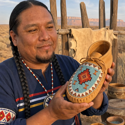 A man in a blue patterned shirt holds a tan leather moccasin shoe decorated with turquoise, red, and white geometric beadwork, with other beads and tools on a wooden table in front of a rustic fence.